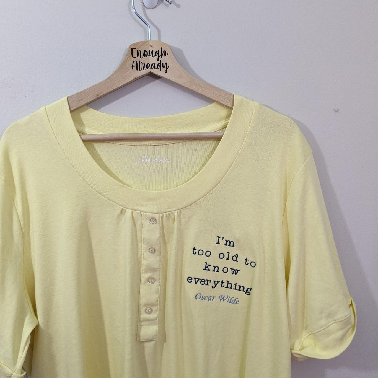 Size 20/22 Yellow Reworked T-Shirt with Embroidered Oscar Wilde Quote