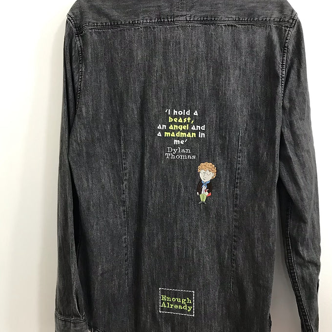 Size Small: Grey Denim Shirt with Embroidered Dylan Thomas Illustration & Quote