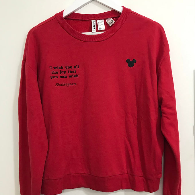 Size M: Red Sweatshirt - Embroidered Shakespeare Quote