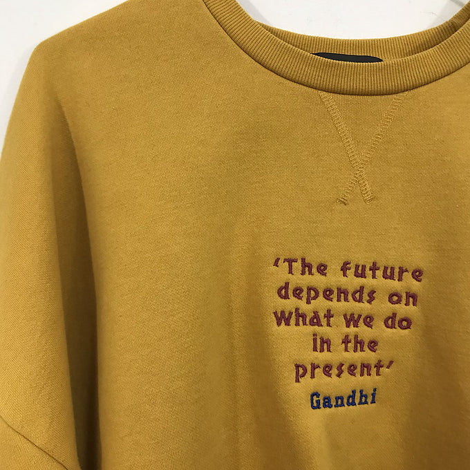 Size XS: Mustard Jumper - Embroidered Gandhi Quote