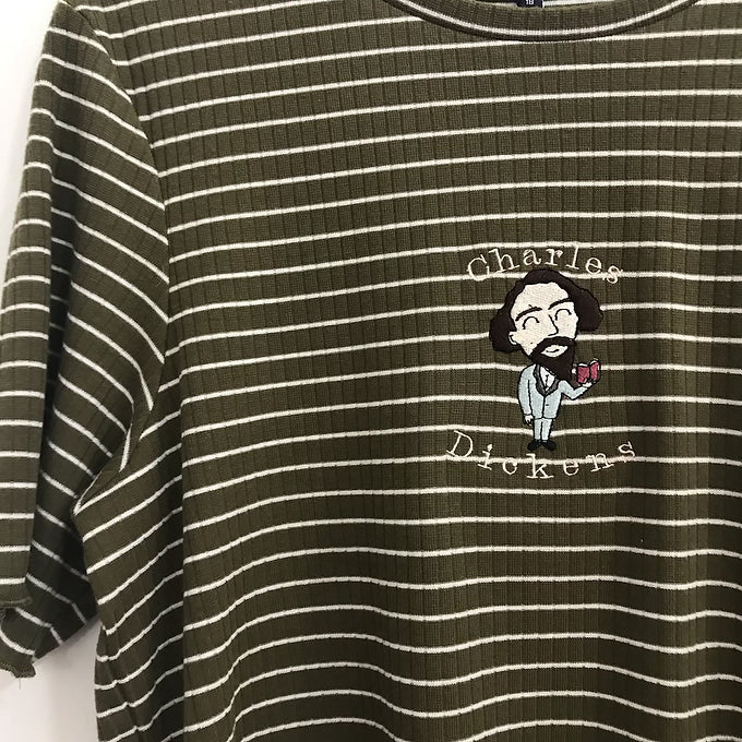 Size 18: Olive Green & White Striped Tee with Embroidered Dickens Character