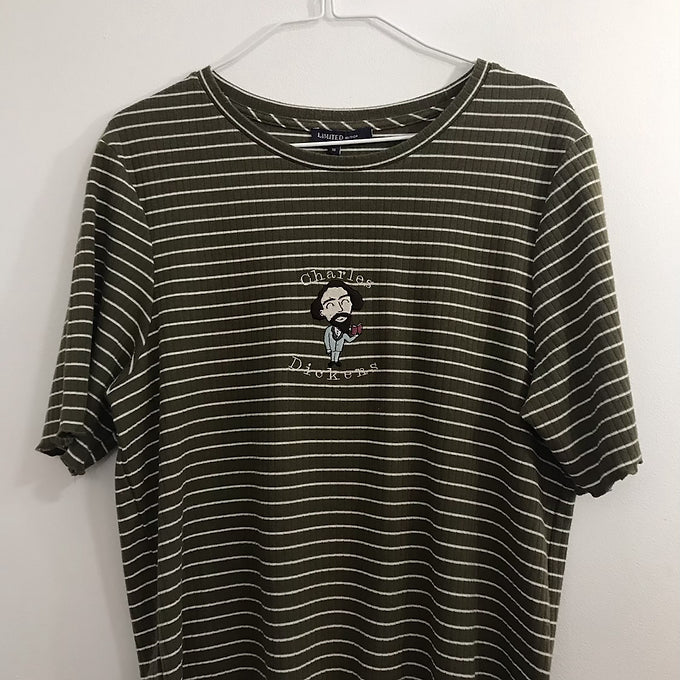 Size 18: Olive Green & White Striped Tee with Embroidered Dickens Character