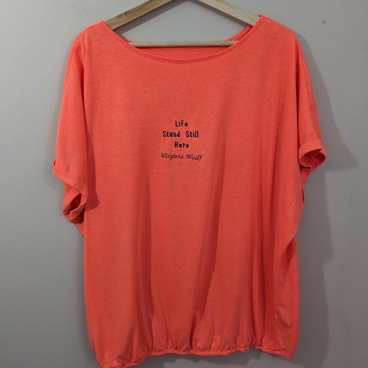 Size 22 Highlighter Orange Up-cycled Tee - Embroidered Virginia Woolf Line