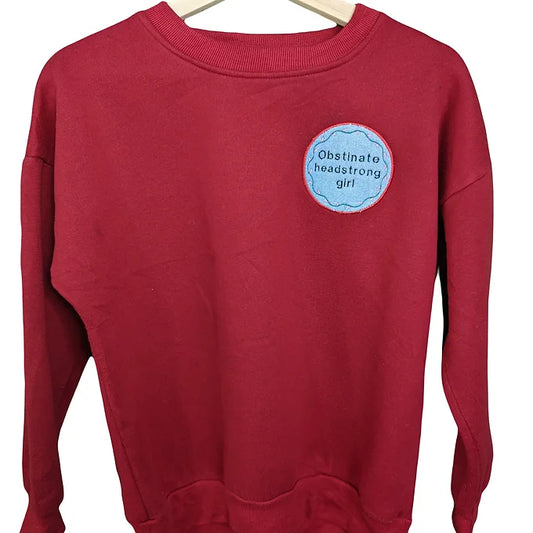 Size 6-8 Reworked Red Sweatshirt-Embroidered Jane Austen Quote