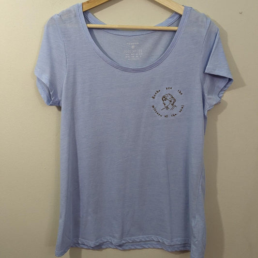 Size 10-12 Powder Blue Up-cycled Tee - Embroidered Virginia Woolf Line Drawing