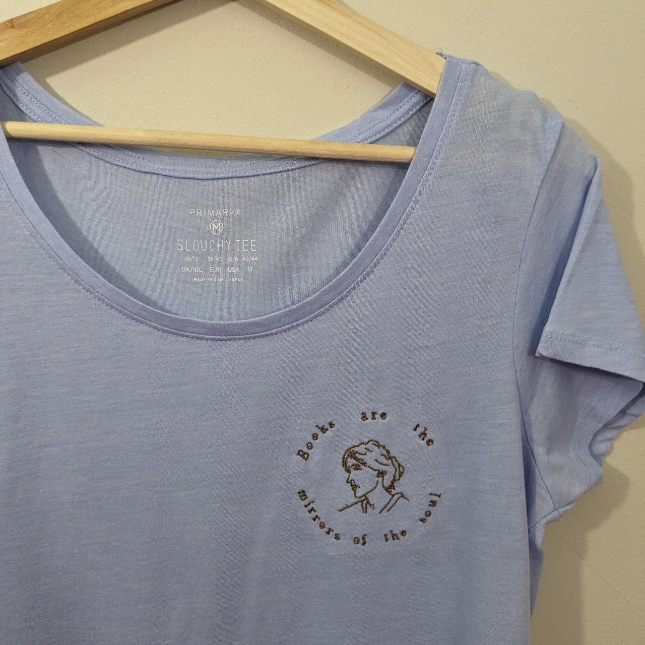 Size 10-12 Powder Blue Up-cycled Tee - Embroidered Virginia Woolf Line Drawing