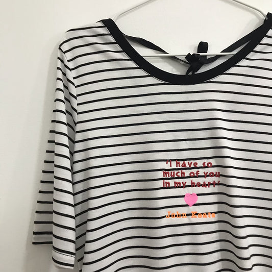Size 12 Maternity Black and White Striped T-Shirt - Embroidered John Keats Quote
