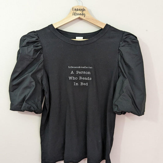 Size M Black Reworked Puffy Sleeves Tee - Embroidered Librocubicularist Def.