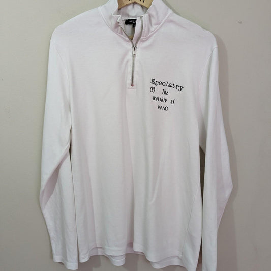 Size Large White 1/4 Zip Sweatshirt - Embroidered Dictionary Def: Epeolatry