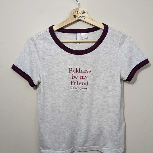 Size Small Reworked Light Grey & Burgundy T-Shirt Embroidered Shakespeare Quote