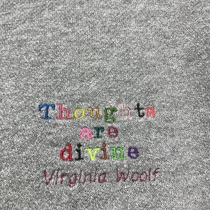 Size M: Grey Raglan Sweatshirt - Embroidered Virginia Woolf Quote
