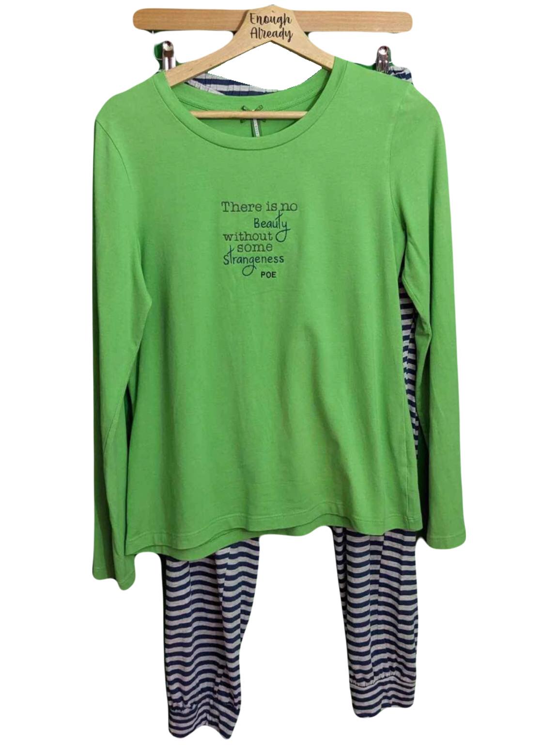 Size 12 -14 Green and Navy Striped Pyjama / Loungewear Set - Embroidered Edgar Allan Poe Bookish Quote