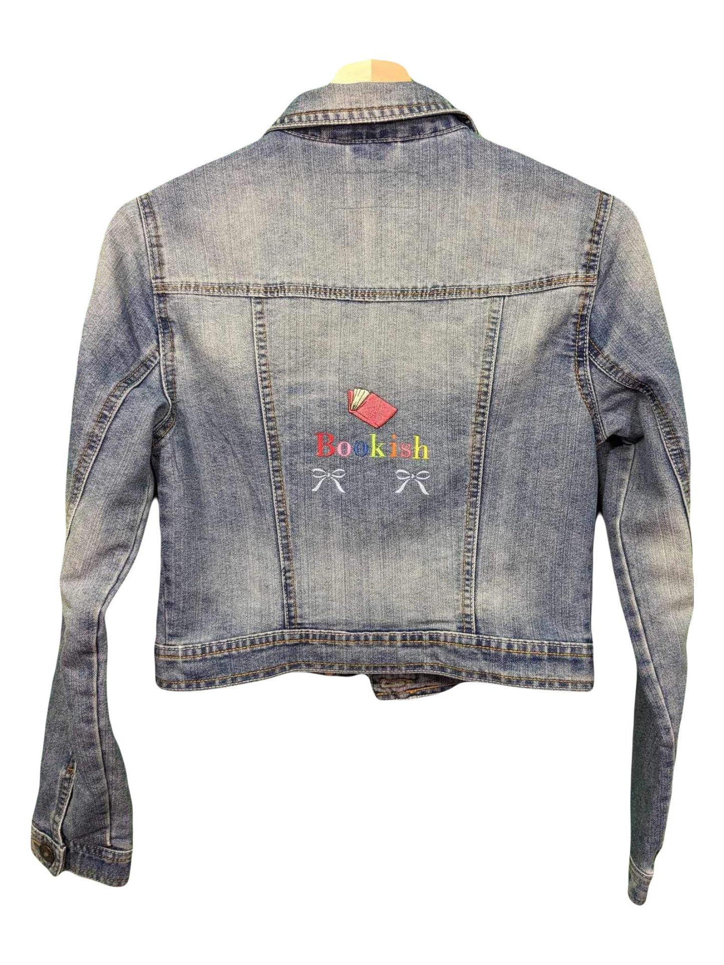 Size 10 Bookish Repurposed Denim Jacket - Book and Bow Cute Detail - Rainbow Thread