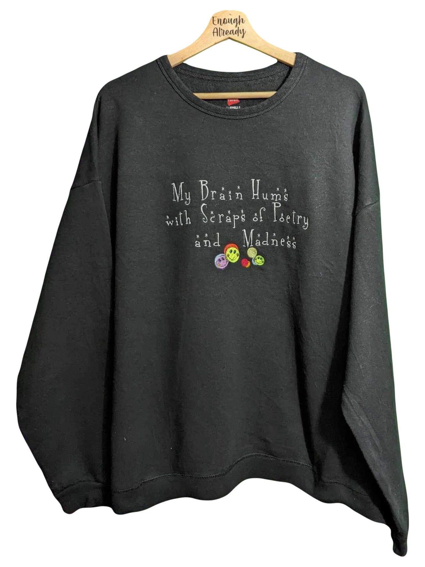 XXL Black Reworked Sweatshirt - Embroidered Virginia Woolf Iconic Literary Quote - Smiley Facey Design