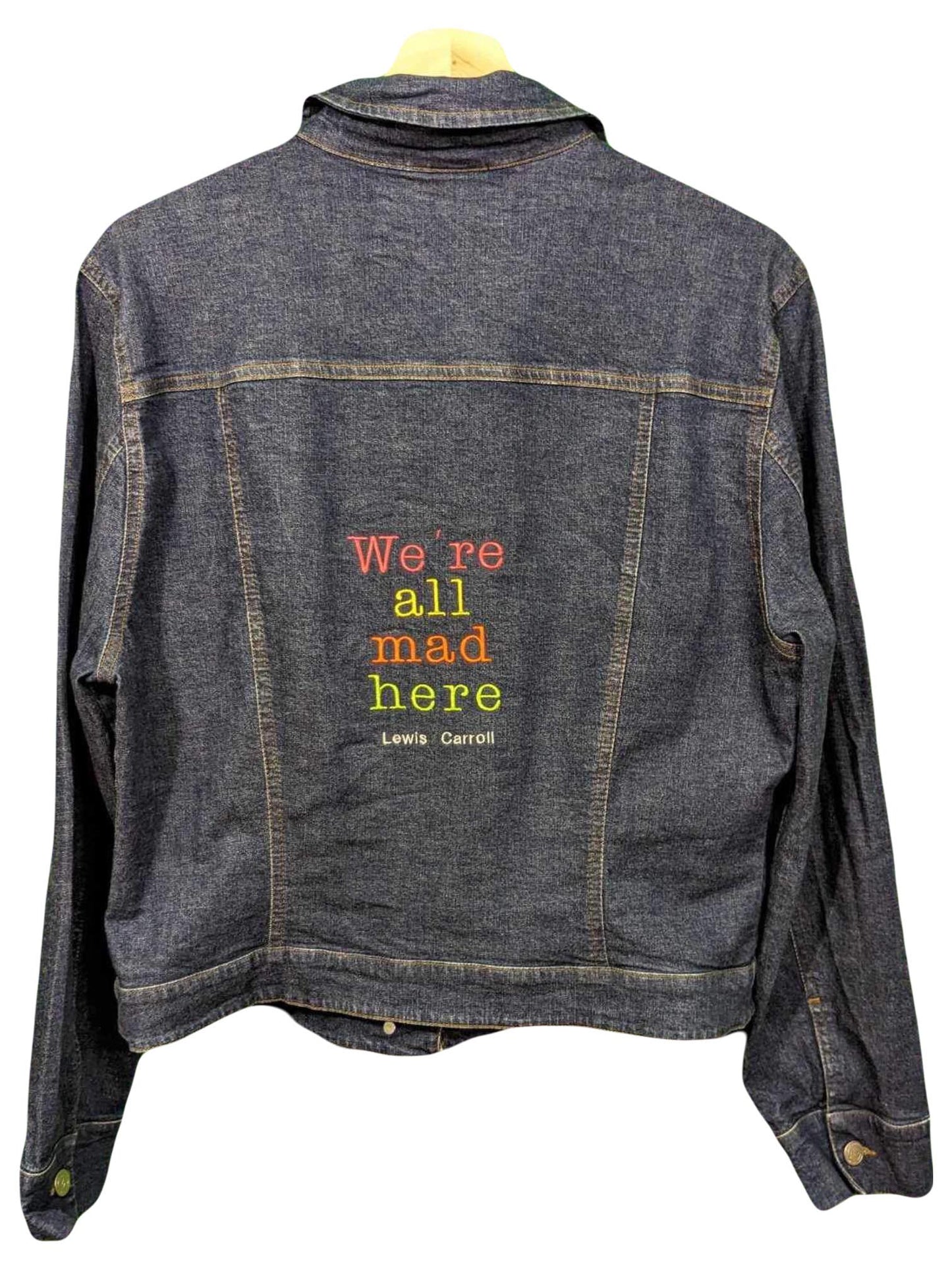 Size 14 Lewis Carroll Denim Jacket - Rainbow Thread - We're All Mad Here Bookish Alice in Wonderland Quote