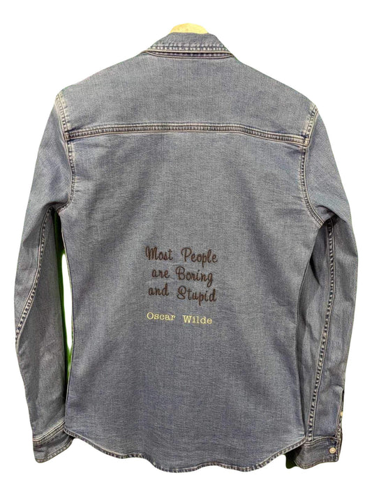 Size Small Reworked Blue Denim Shirt - Embroidered Oscar Wilde Quote - Bookish Clothing