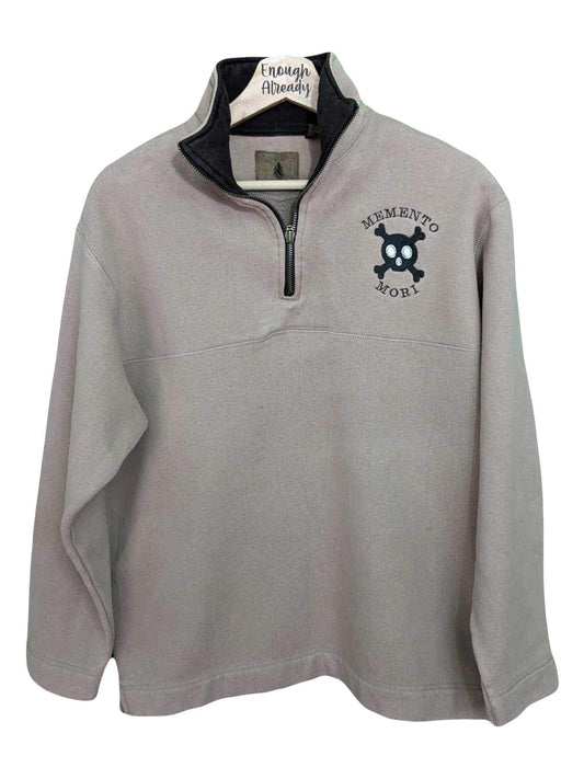 Small Beige and Brown Quarter Zip Sweatshirt - Embroidered Memento Mori Skull - Gothic Design