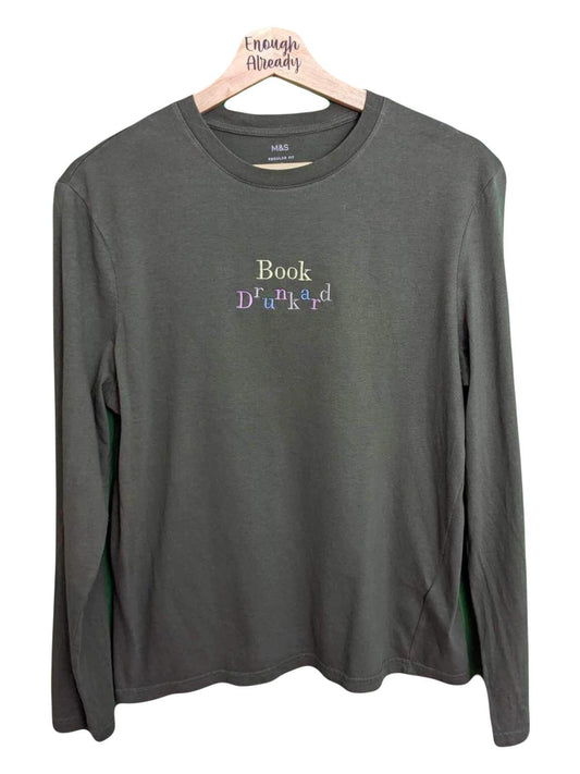 Size Small - upcycled Olive Green Long Sleeve Tee With Embroidered Book Drunkard Pastel Rainbow Design