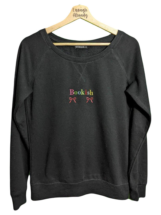 Women's Medium Reworked Black Sweatshirt - Embroidered Rainbow Bookish Bows Design