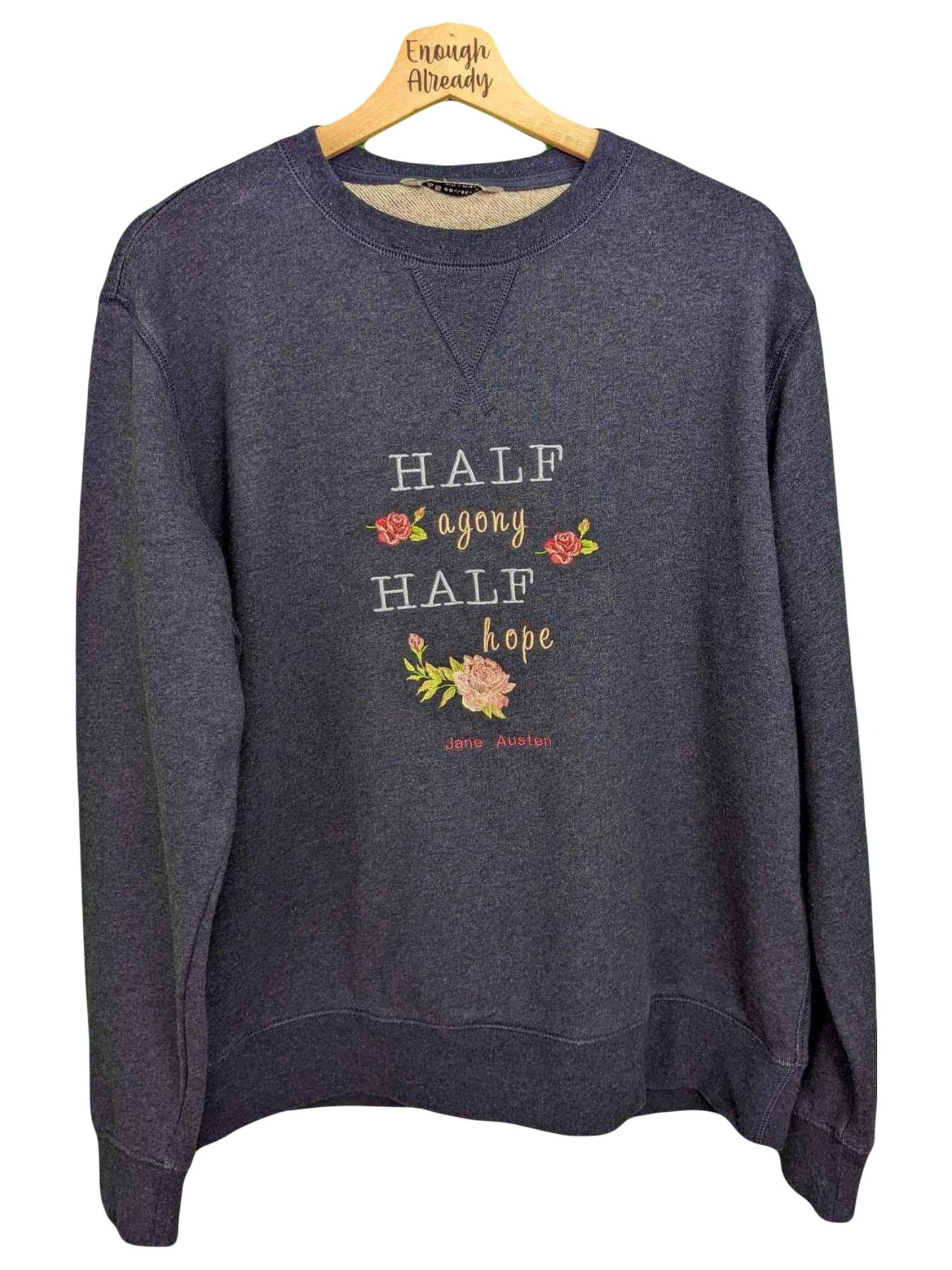 XL Navy Classic Jane Austen Sweatshirt - Half Agony Half Hope Embroidered Floral Motif