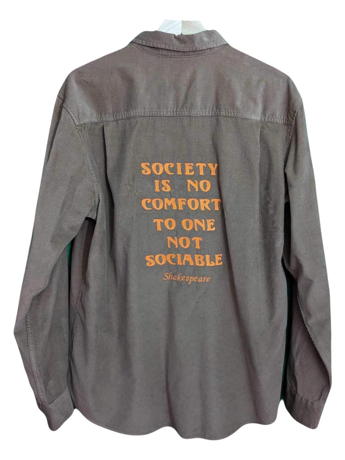 Size Medium Reworked Brown Cord Shirt - Embroidered Cymbeline Introvert Quote - Bookish