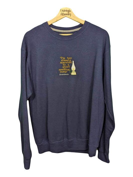 Size Medium Navy Classic Sweatshirt - Embroidered Autumnal John Steinbeck Cosy Quote and Lamp Design