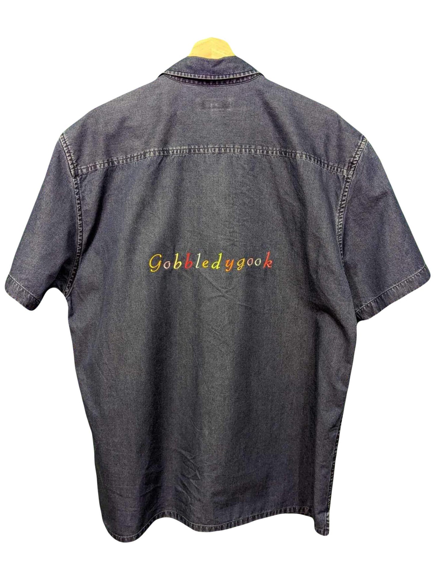 Large Deep Blue Reworked/ Embroidered Denim Short Sleeve Shirt - Rainbow Gobbledygook Design