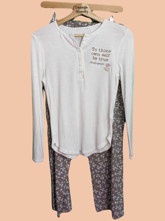 Size 8-10 Shakespearean Reworked Loungewear / Pyjama Set - White and Brown - Embroidered Bookish Design