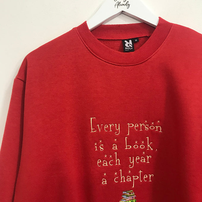 Size M: Red Sweatshirt - Embroidered Mark Twain Quote