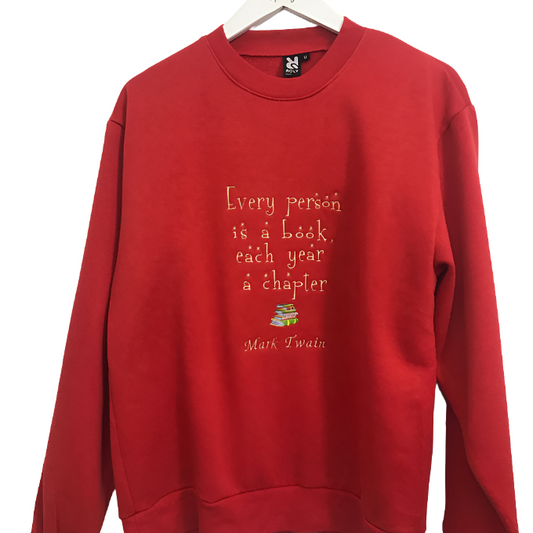 Size M: Red Sweatshirt - Embroidered Mark Twain Quote