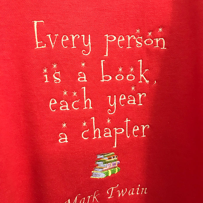 Size M: Red Sweatshirt - Embroidered Mark Twain Quote