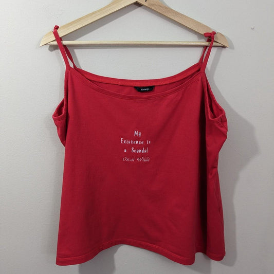 Size 22 Up-cycled Red Cami Vest Top with Embroidered Oscar Wilde Quote