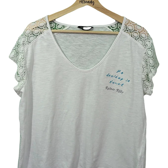 Size 16-18 Reworked White Lace Top Embroidered Rainer Maria Rilke Poem