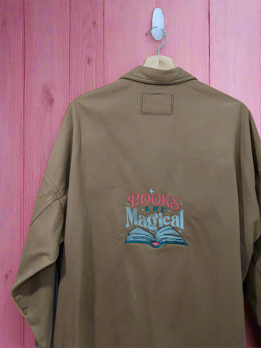 Books Are Magical - Reworked Sweatshirts and Shackets - Bookish Embroidery - Whimsical - Bibliophile Heaven