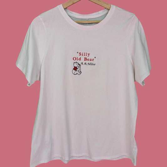 Size 18 Reworked White Crew Neck T-Shirt Embroidered A. A. Milne Quote