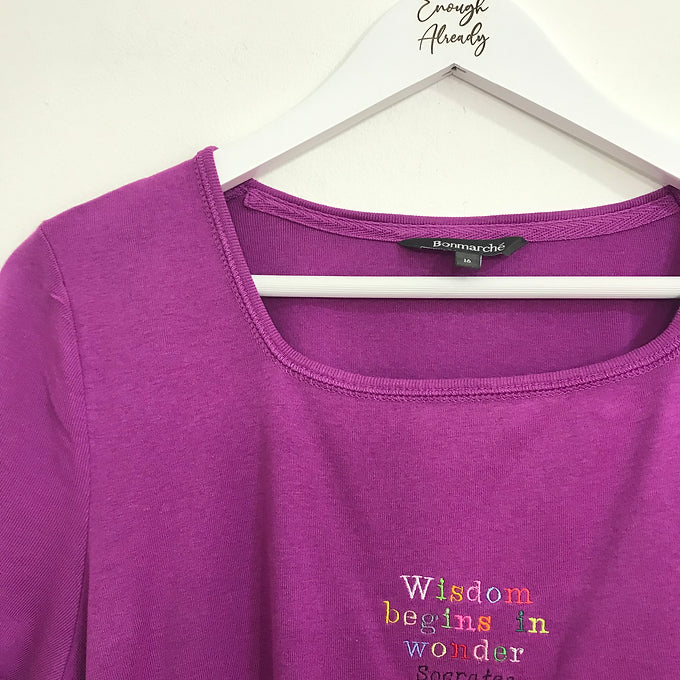 Size 16: Purple T-shirt with Embroidered Socrates Quote