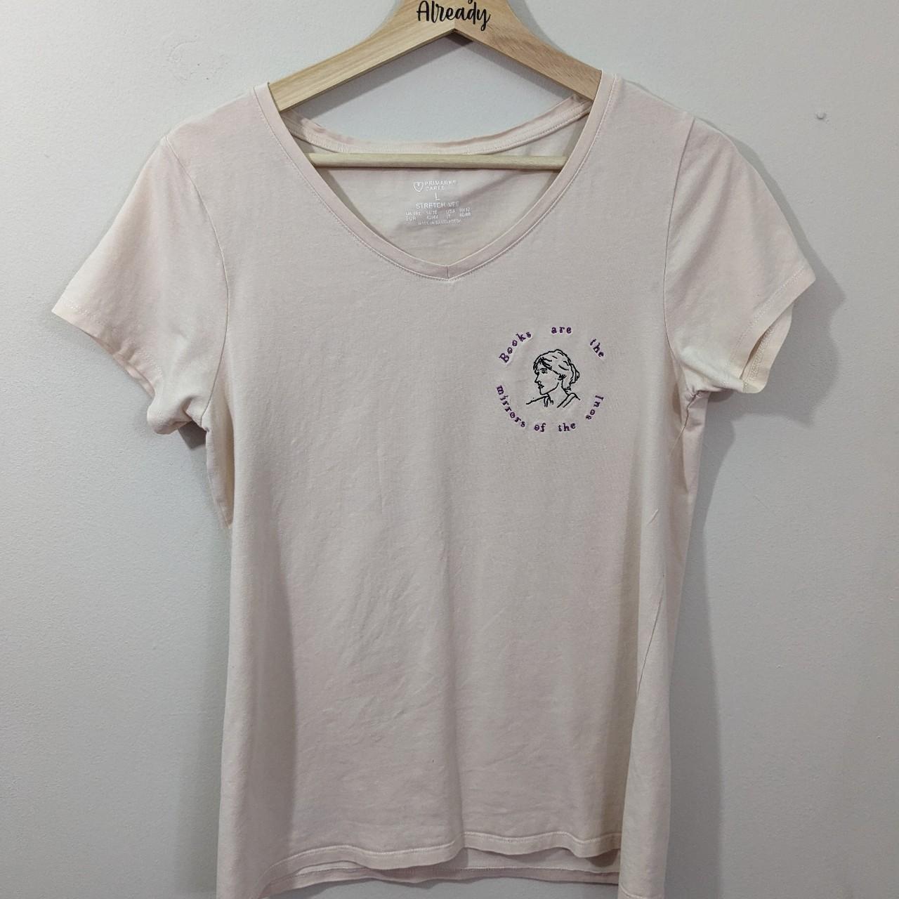 Size 14-16 Up-cycled Taupe Tee with Virginia Woolf Embroidered Illustration