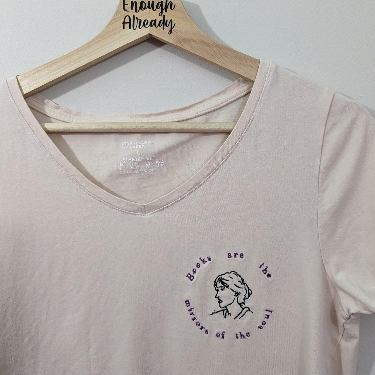 Size 14-16 Up-cycled Taupe Tee with Virginia Woolf Embroidered Illustration