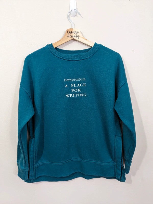 Size 6-8 Teal Reworked Sweatshirt - Embroidered Scriptorium Definition