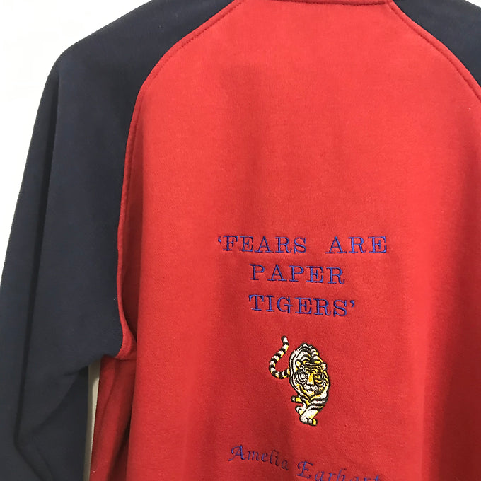 Size L: Navy and Red Raglan 1/4 Zip - Embroidered Amelia Earhart Quote