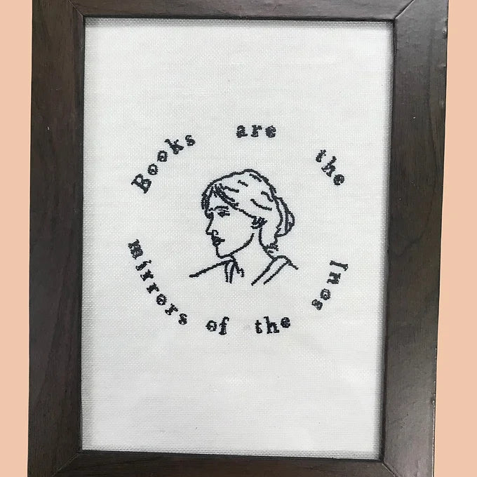 Virginia Woolf Embroidered Framed Quote -  Reworked Fabric - Vintage Wood Frame