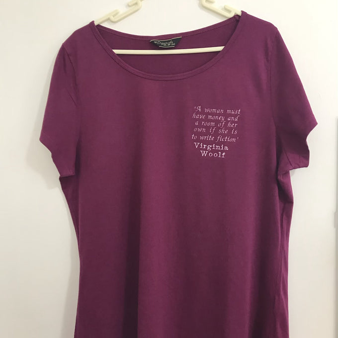 Size 22: Purple T-shirt with Embroidered Virginia Woolf Quote