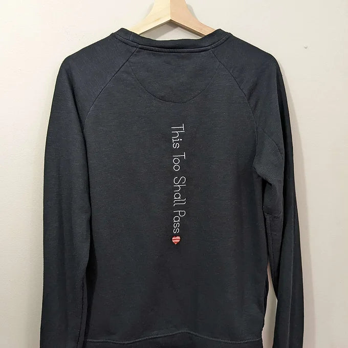 Size XS Reworked Black Sweat-Embroidered This Too Shall Pass Quote