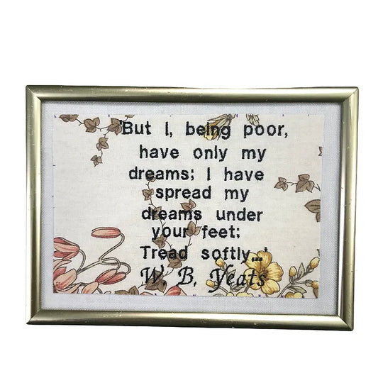 W. B. Yeats Embroidered Artwork -  Reworked Fabric - Vintage Metal Frame